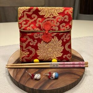 Red and Gold Brocade Pouch with Chopsticks and Earrings